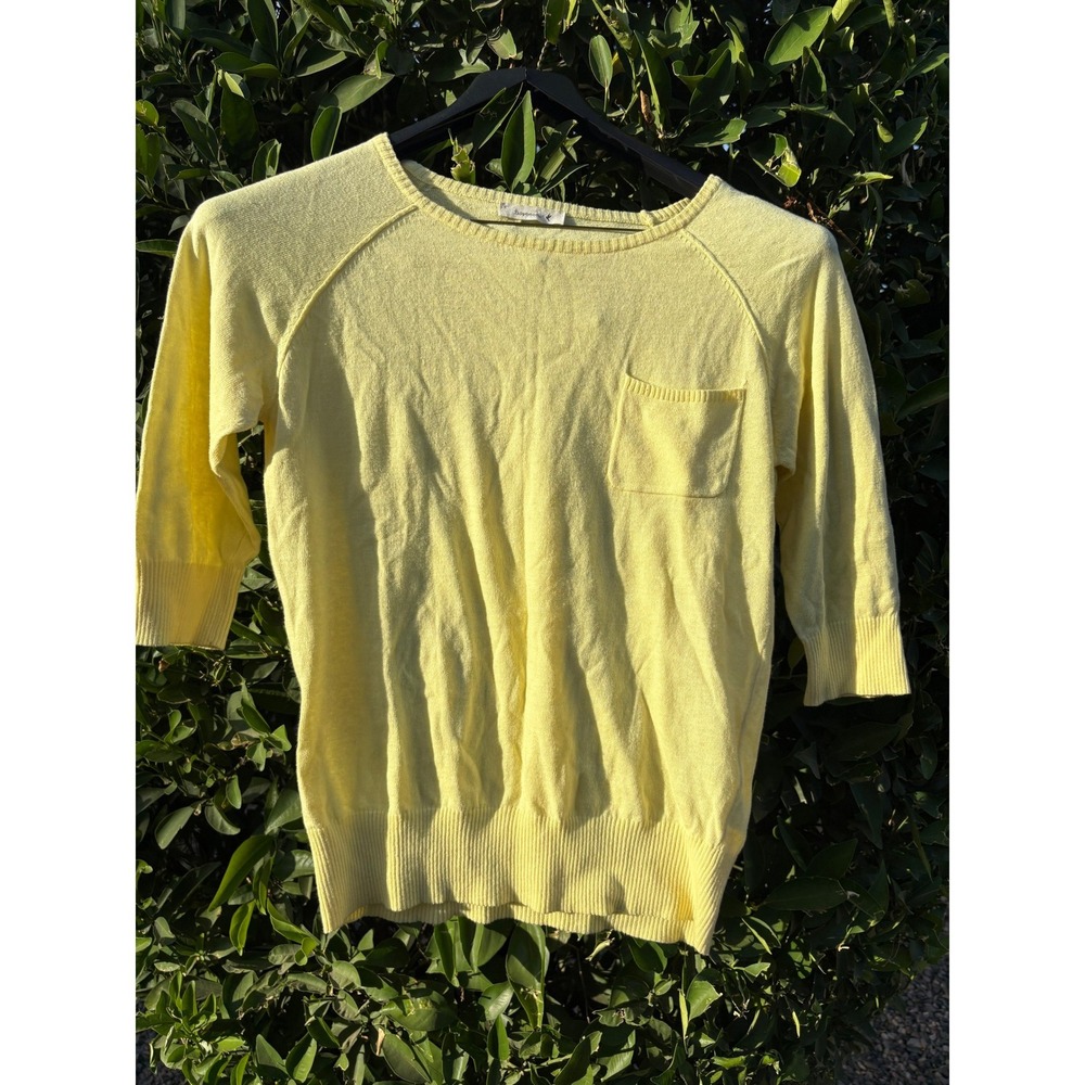 Teaspoon Womens Pastel Yellow Crew Neck 3/4 Sleeve Knit Sweater with Pocket